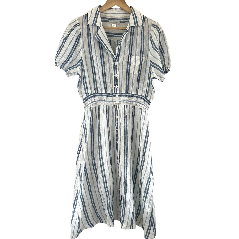Outerknown Short Sleeve Collared Knee Length Stripe Dress Elastic Waist Small